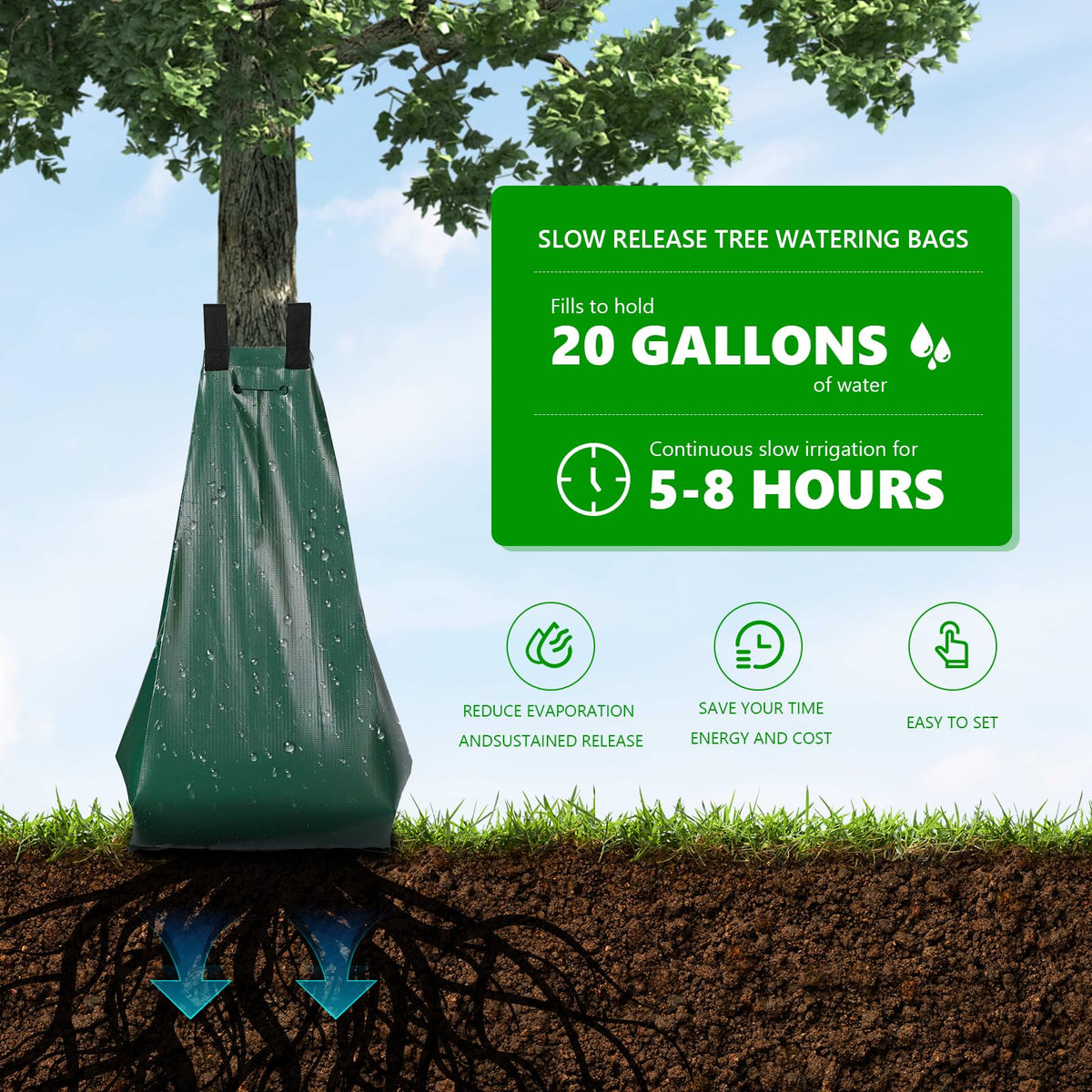 HEKIWAY 3-pack installed around three trees for efficient irrigation in a yard