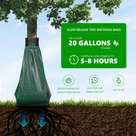 HEKIWAY 3-pack installed around three trees for efficient irrigation in a yard