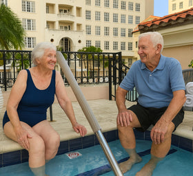 Helba inground pool rail cover protecting hands from hot metal.