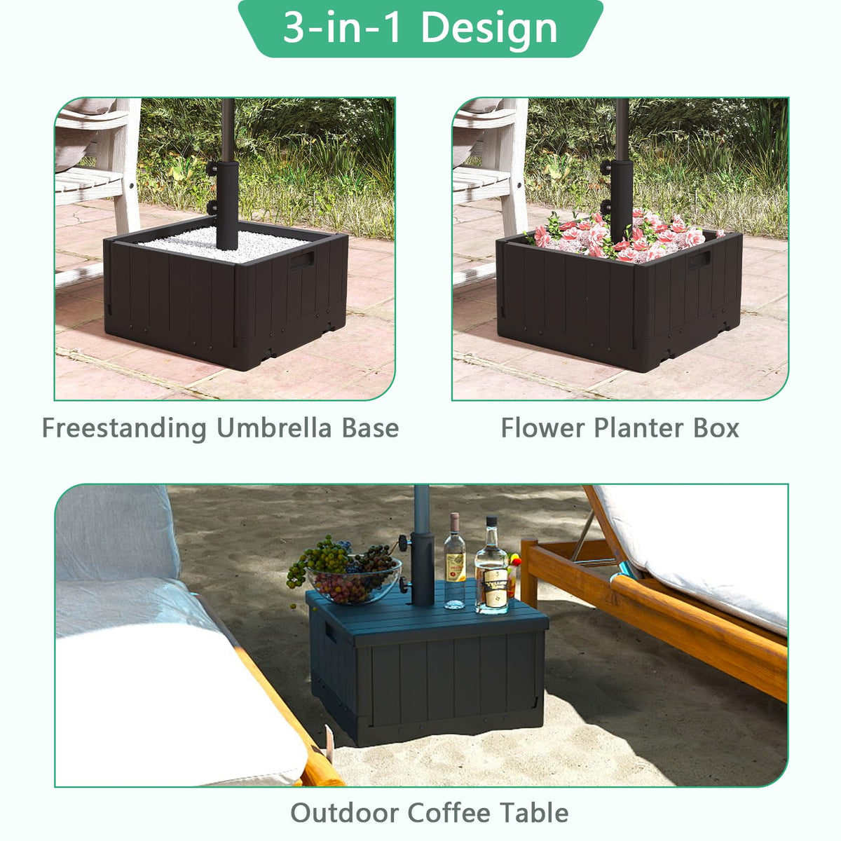 Outdoor coffee end table formed by Helios&Hestia base on a sunny patio