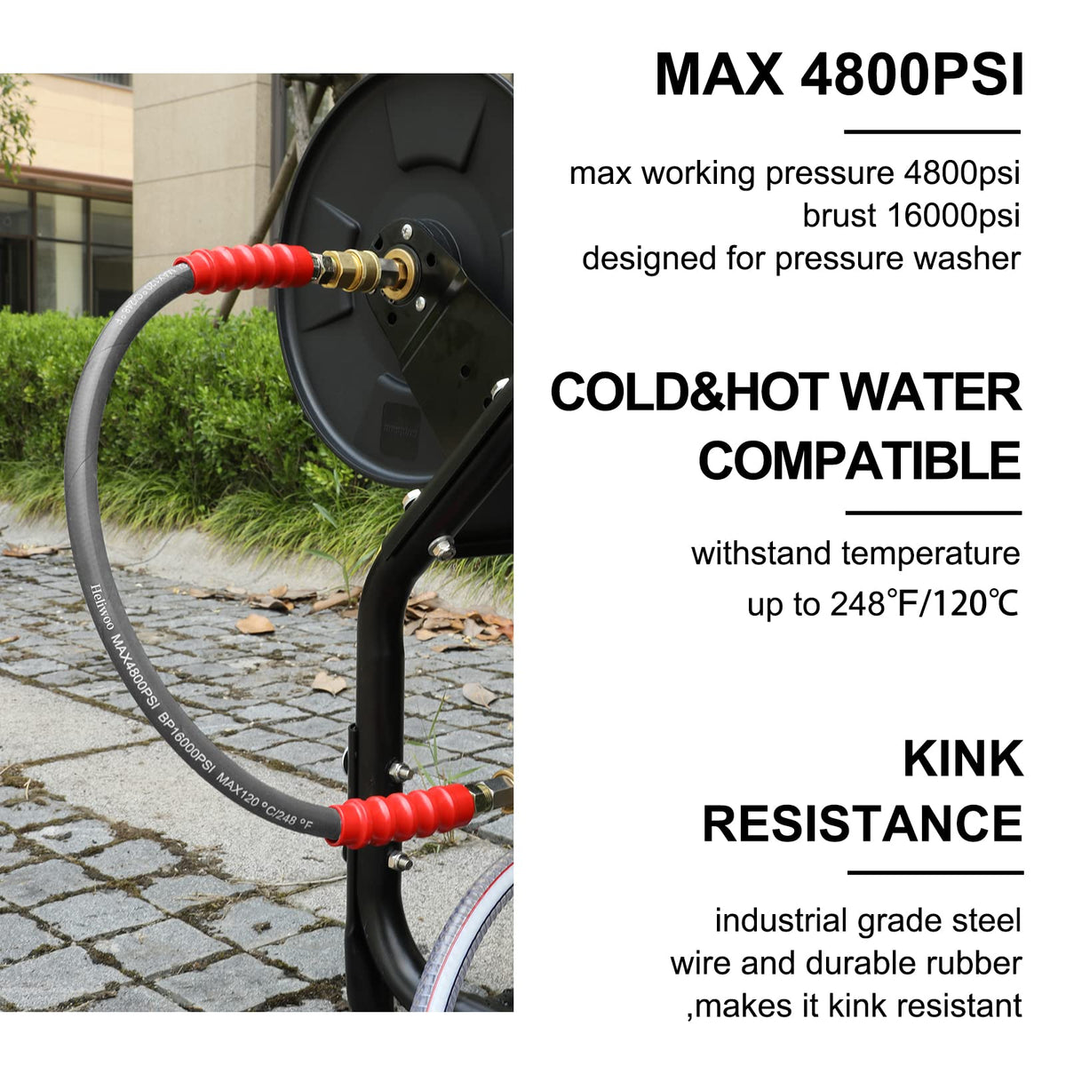 Heliwoo steel-braided construction resists wear under high pressure.