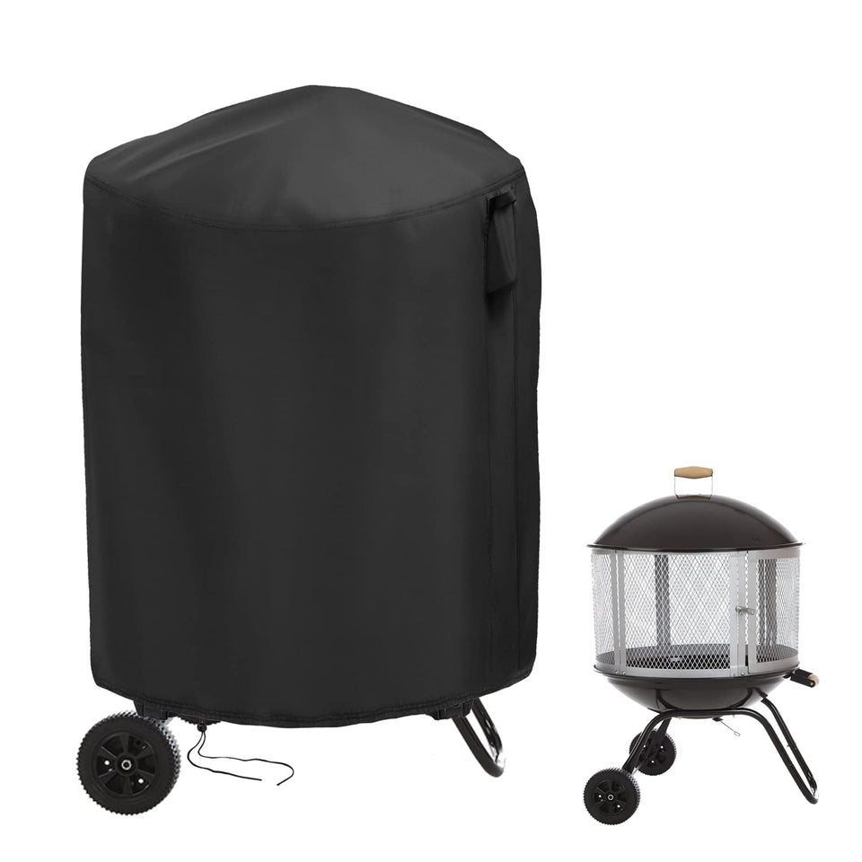 Hengme outdoor fireplace cover for round fire pit with wheels protects from rain and dust.