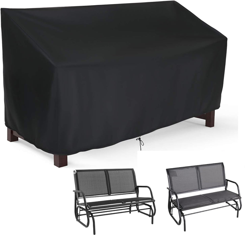 Hengme Outdoor Glider Bench Cover front view protects a 2-seat bench from sun and rain.