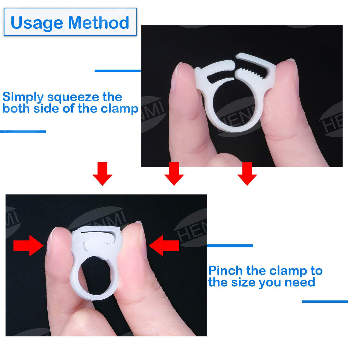 HENMI easy-install pool hose clamp shown on hose tail