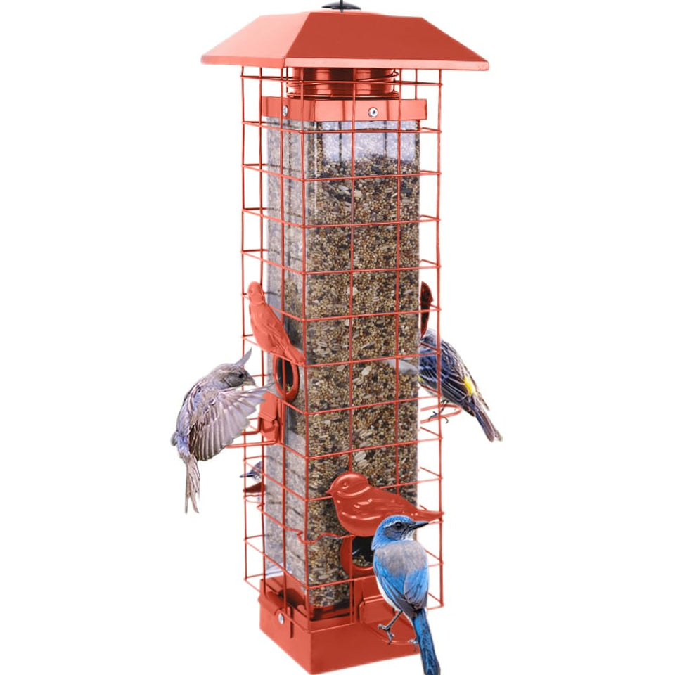 Henzavk squirrel-proof bird feeder with outdoor metal frame keeps birds fed securely.