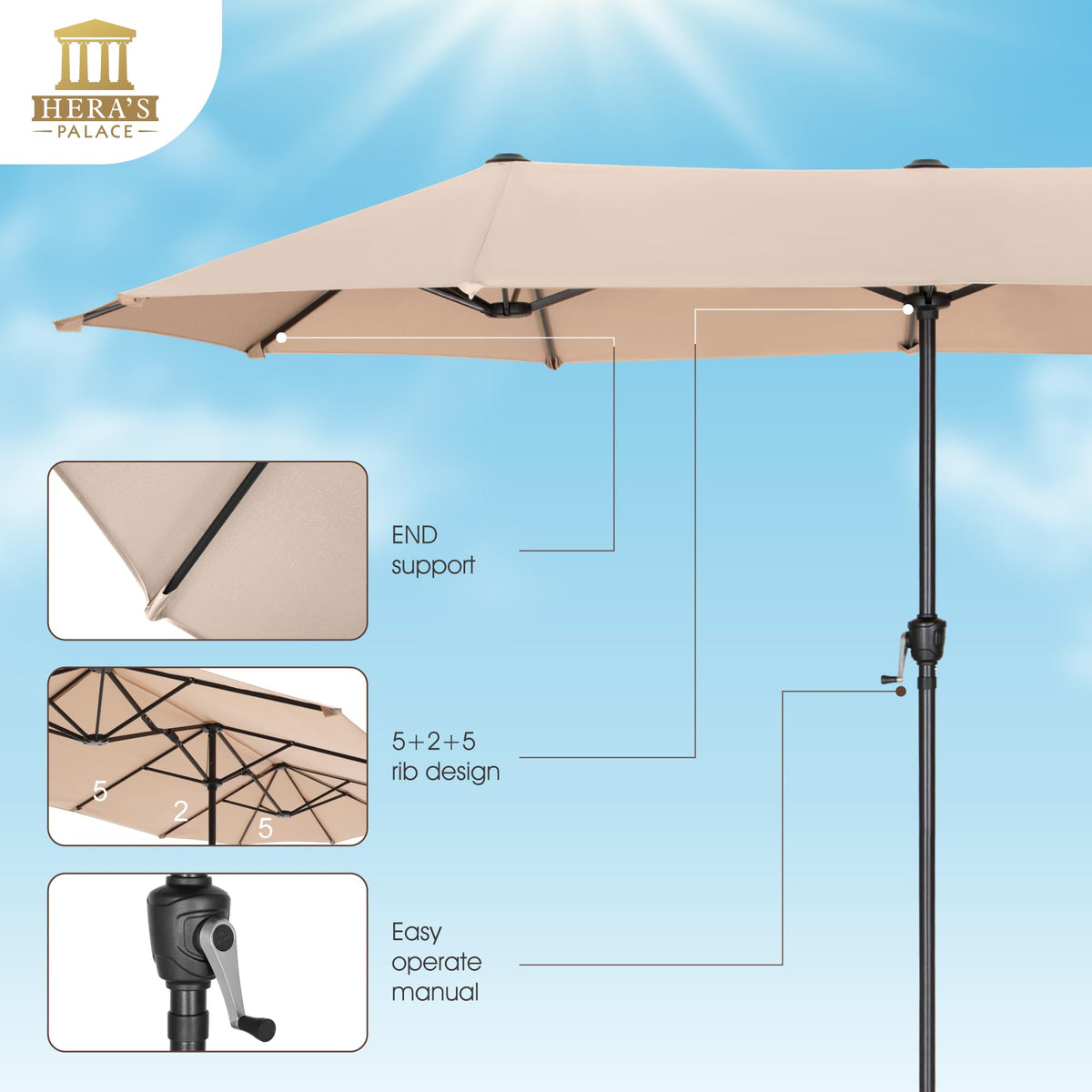 HERA'S PALACE 12-rib frame provides sturdy support for large shade areas