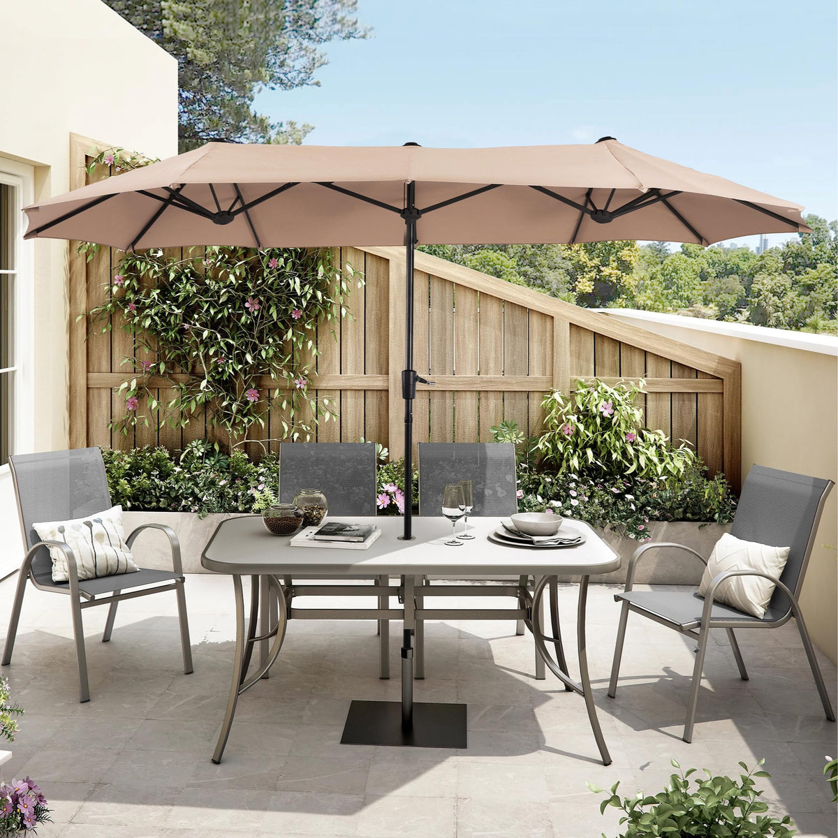 HERA'S PALACE patio setup highlighting wide canopy over seating area