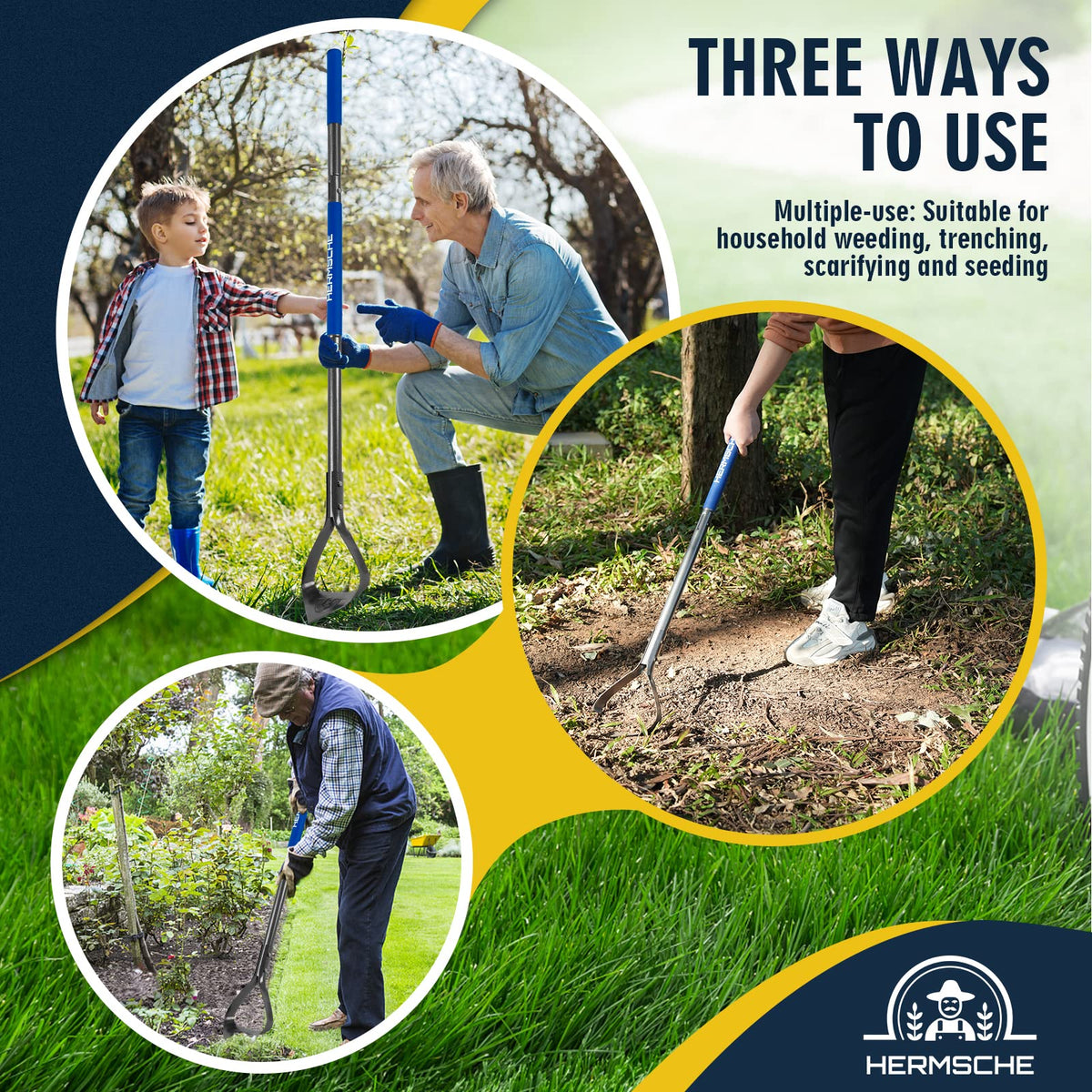 Hermsche multi-purpose tool assists weeding, trenching, edging, and cultivating