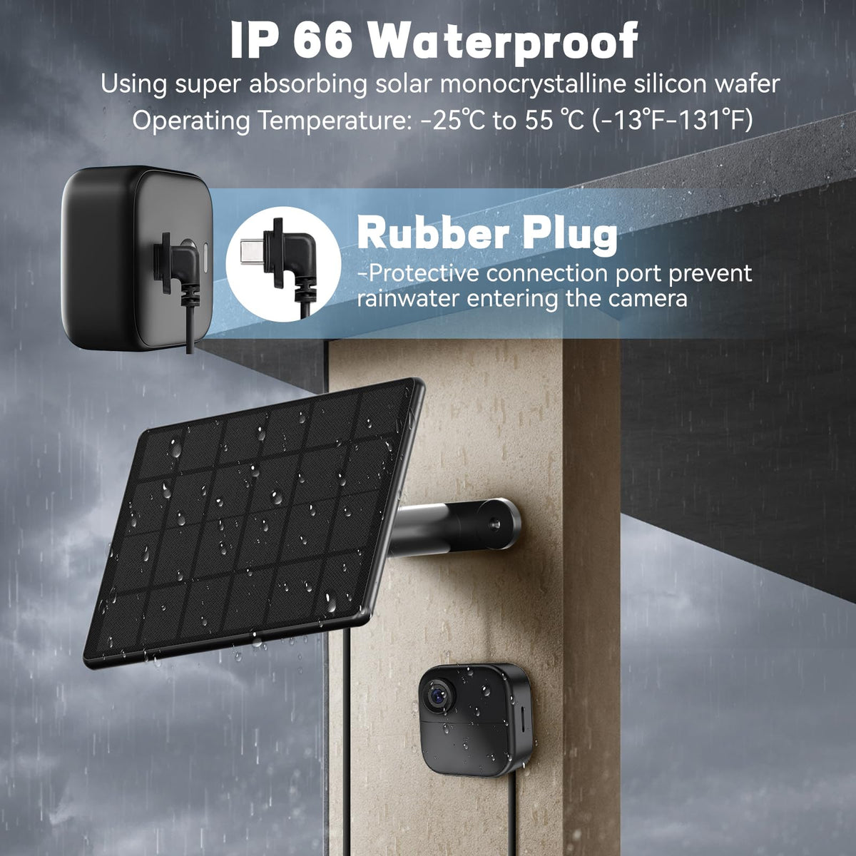 IP66 waterproof housing protects against rain and dust outdoors