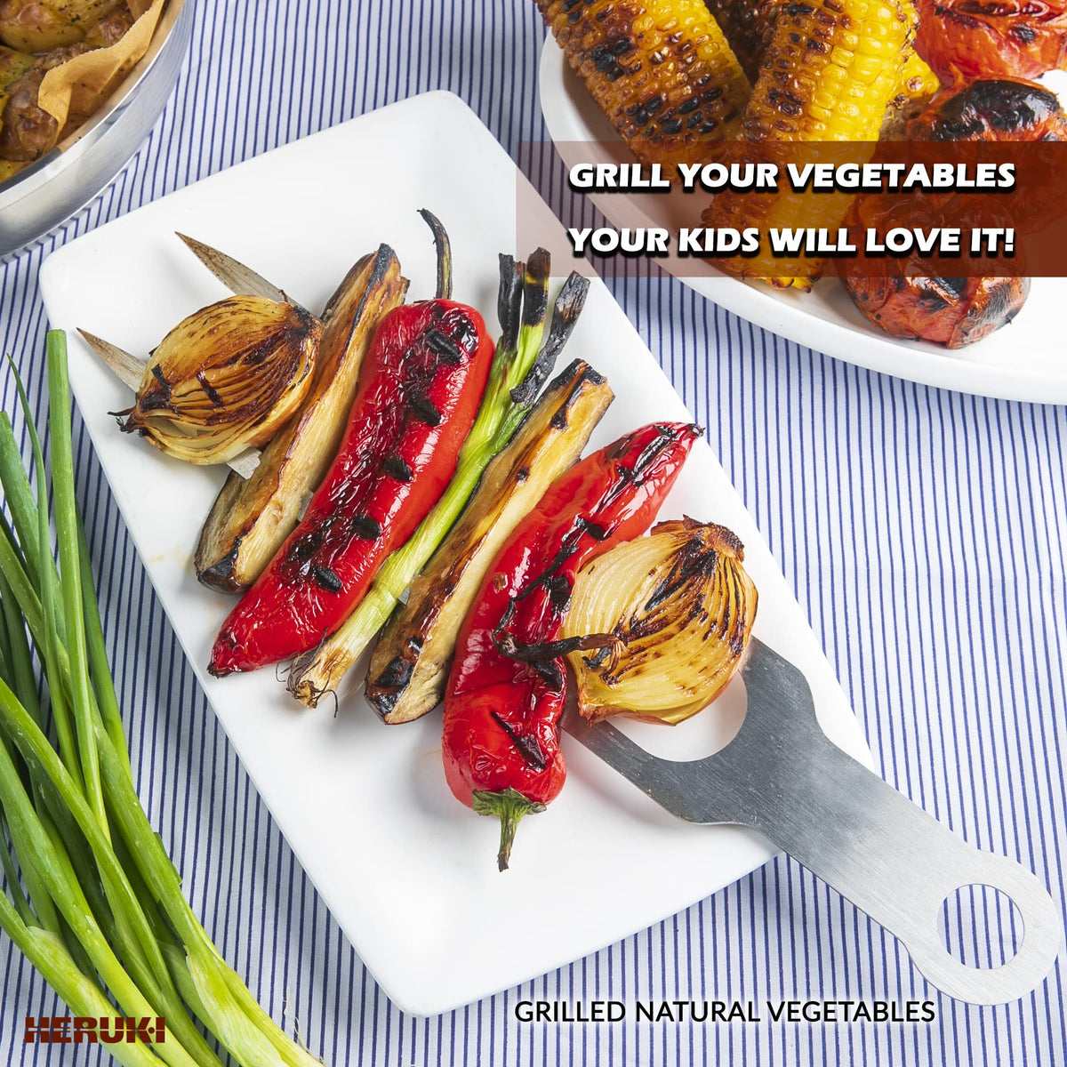 Heruki skewers suited for oven, grill, and campfire cooking.