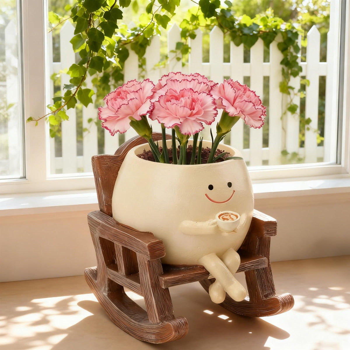 Heuvcnsr resin smiley pot on rocking chair, cozy living room accent for plants.