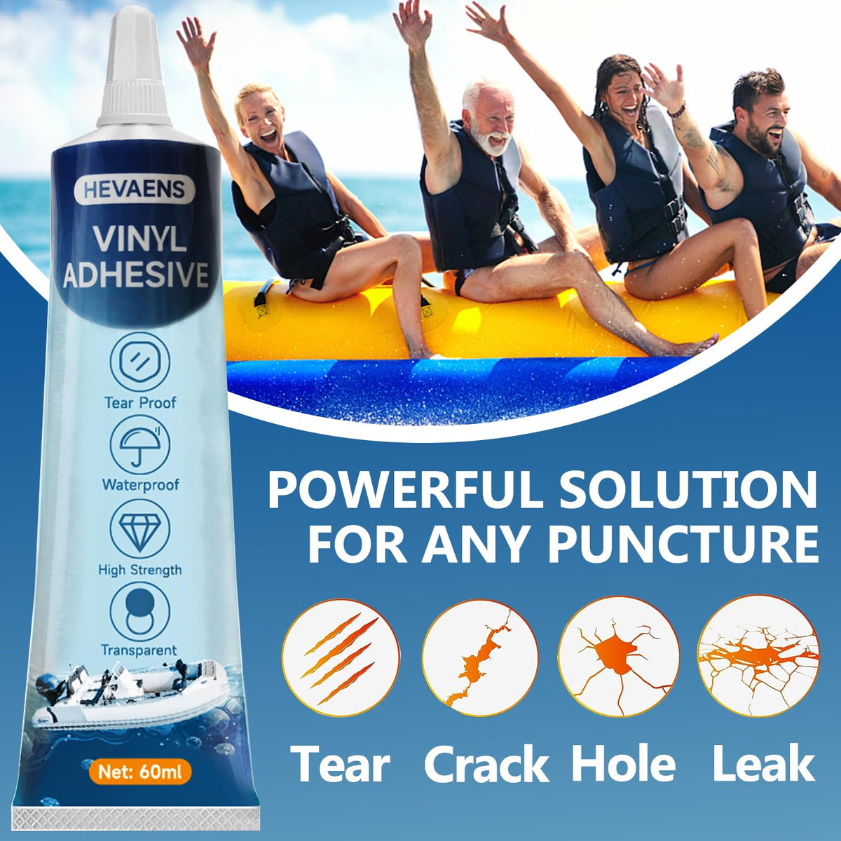 HEVAENS 60ml vinyl adhesive provides a strong bond for puncture repairs.