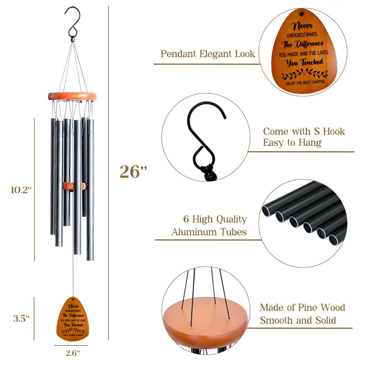 HEWBE wind chimes with pine wood tubes for durable outdoor sound