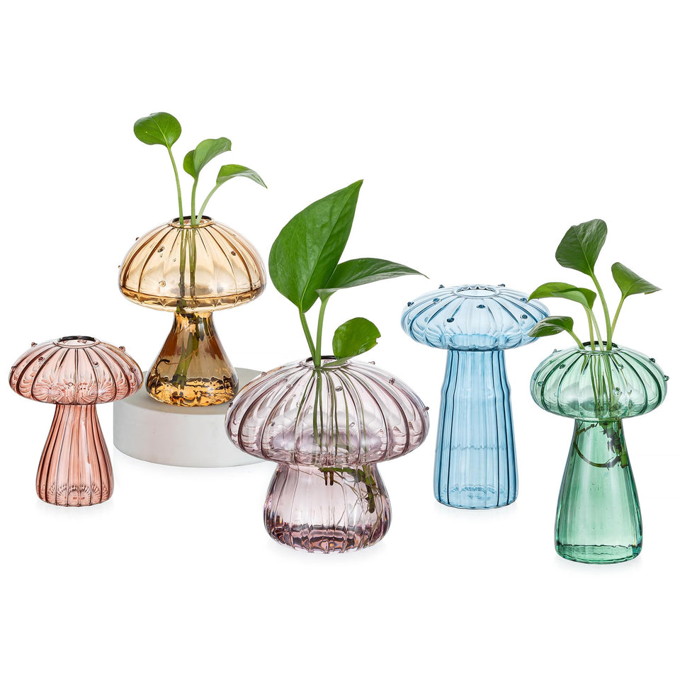 Hewory glass mushroom propagation vase collection showcases colorful design for compact indoor gardens.