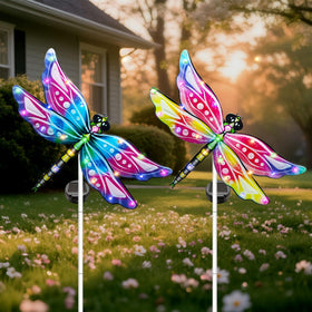 Hexagram Dragonfly garden stake light, front view, enhances nighttime garden ambiance.