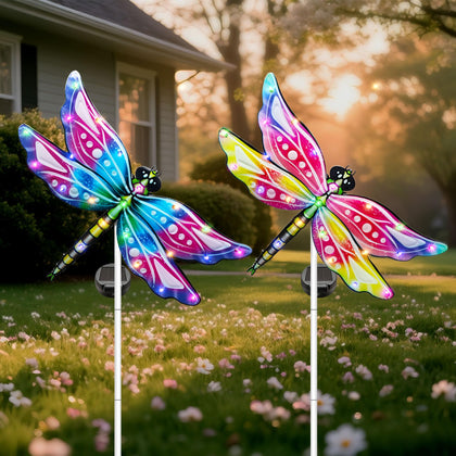 Hexagram Dragonfly garden stake light, front view, enhances nighttime garden ambiance.