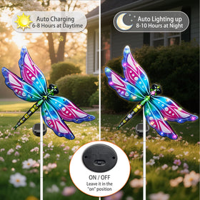 Hexagram Dragonfly garden stake light installed height demonstrates garden scale.