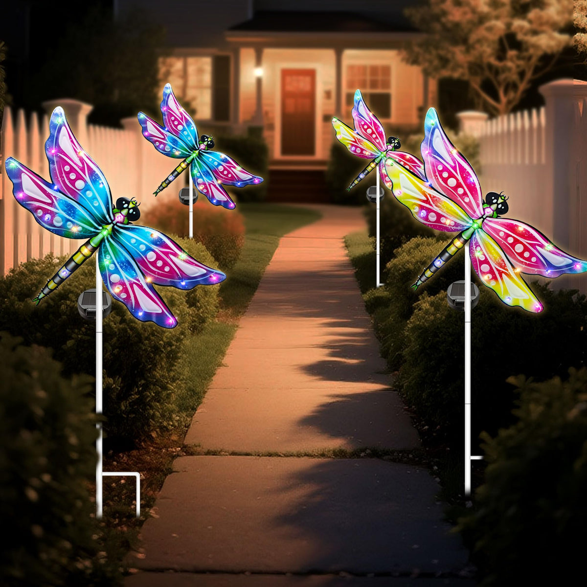 Hexagram Dragonfly garden stake light, night glow along garden path.