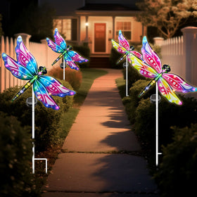 Hexagram Dragonfly garden stake light, night glow along garden path.