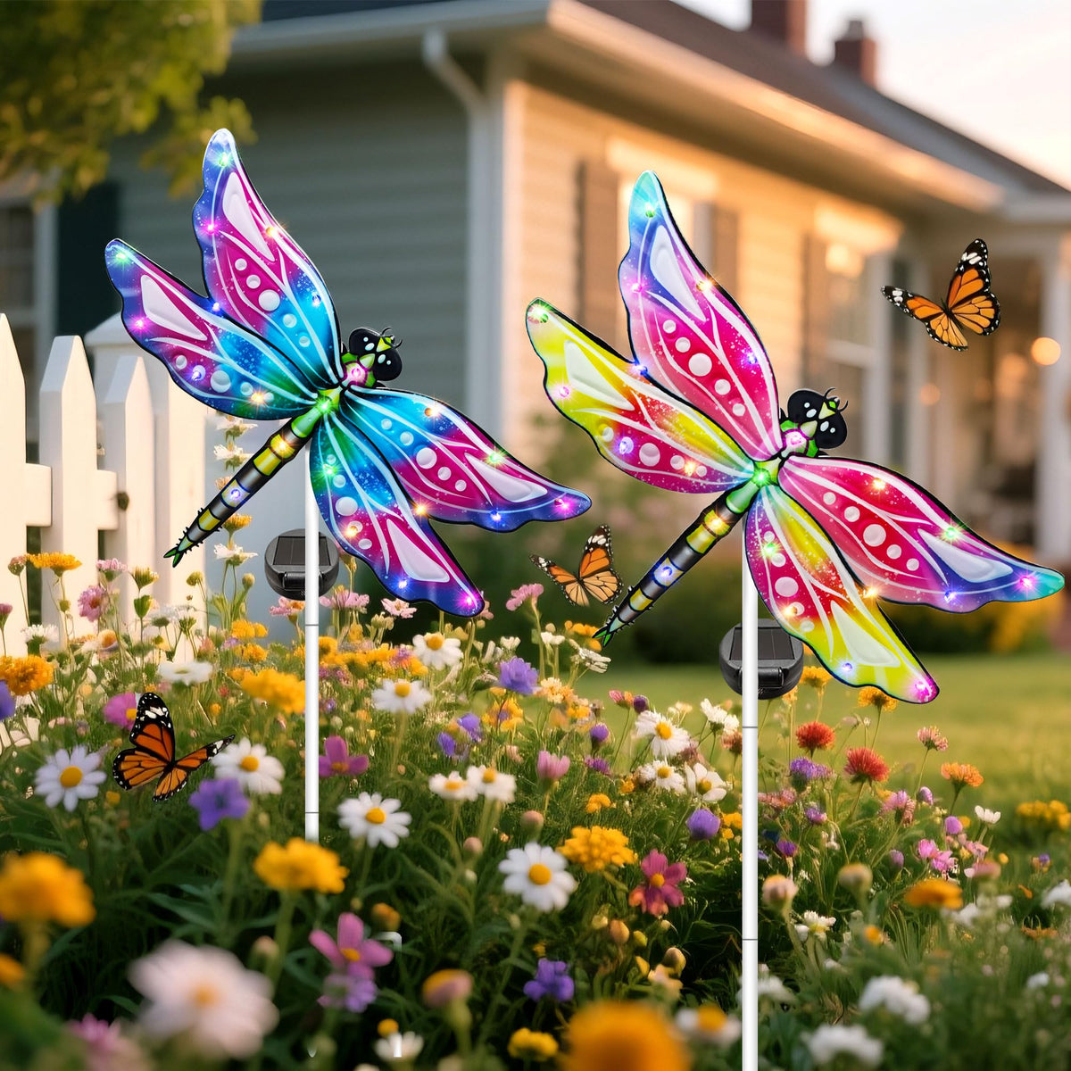 Hexagram Dragonfly garden stake light on garden path, guiding footsteps.