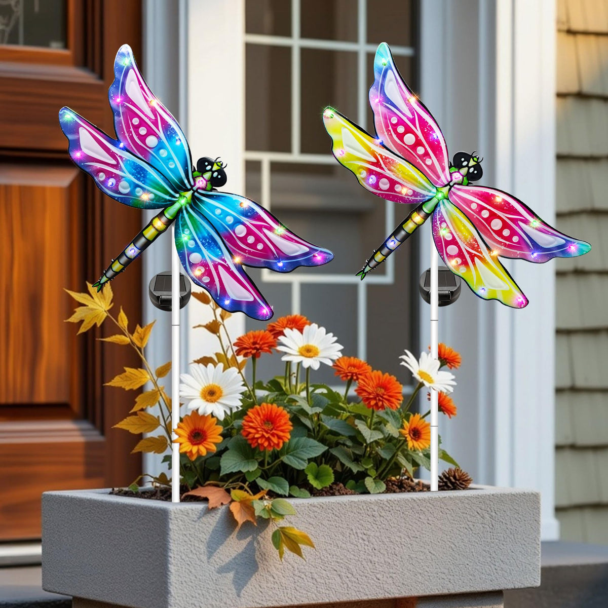 Hexagram Dragonfly garden stake light with solar panel, energy-efficient outdoor lighting.