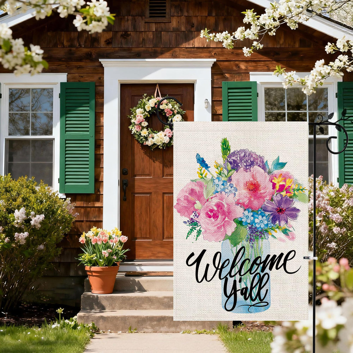 Hexagram spring garden flag reinforced stitching withstands spring and summer weather.