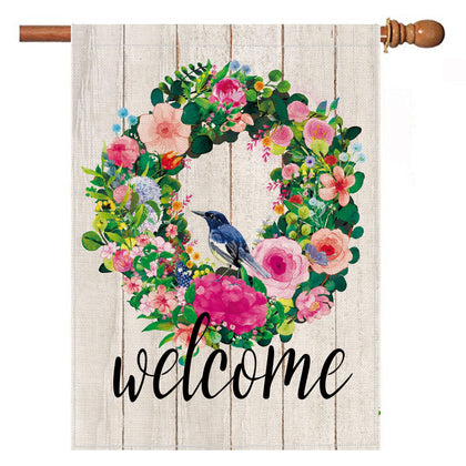 Hexagram Spring Summer house flag front view with vibrant floral pattern for curb appeal