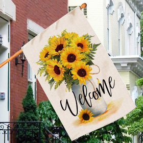 Hexagram Summer House Flag sunflowers closeup, durable burlap with vivid colorfast print.