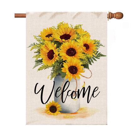 Hexagram Summer House Flag sunflowers welcome front view, vibrant double-sided outdoor decor.