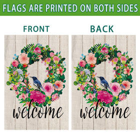 Hexagram welcome text garden flag brightening a porch welcome