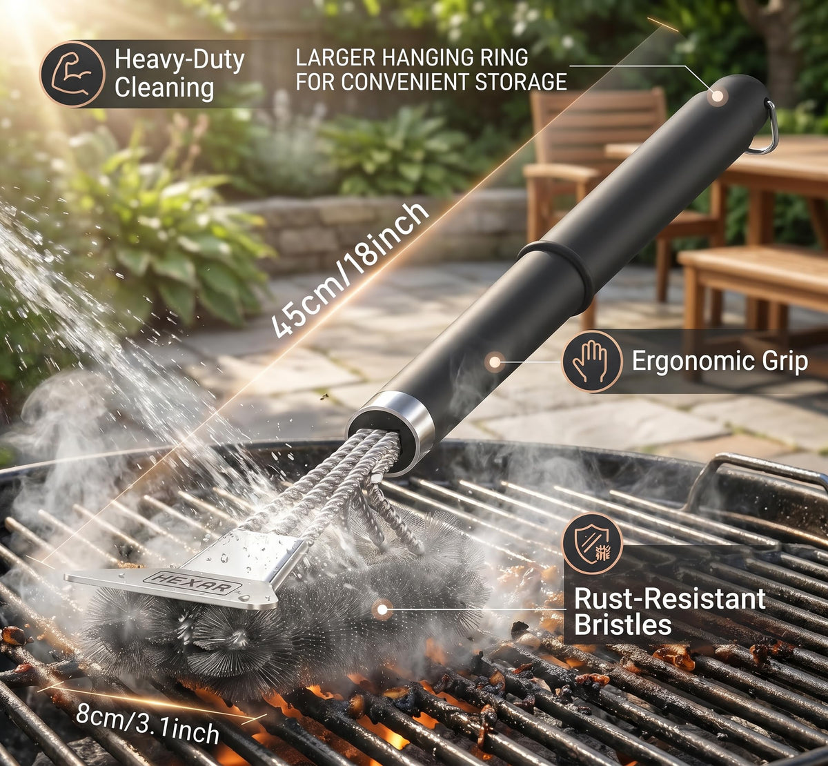 HEXAR Grill Brush compatible with gas, pellet, charcoal grills and smokers
