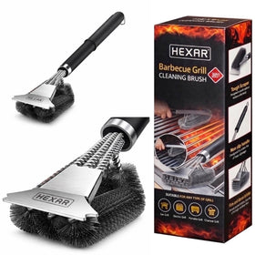 HEXAR Grill Brush demonstrates heavy-duty cleaning action on grill grates for quick grease removal