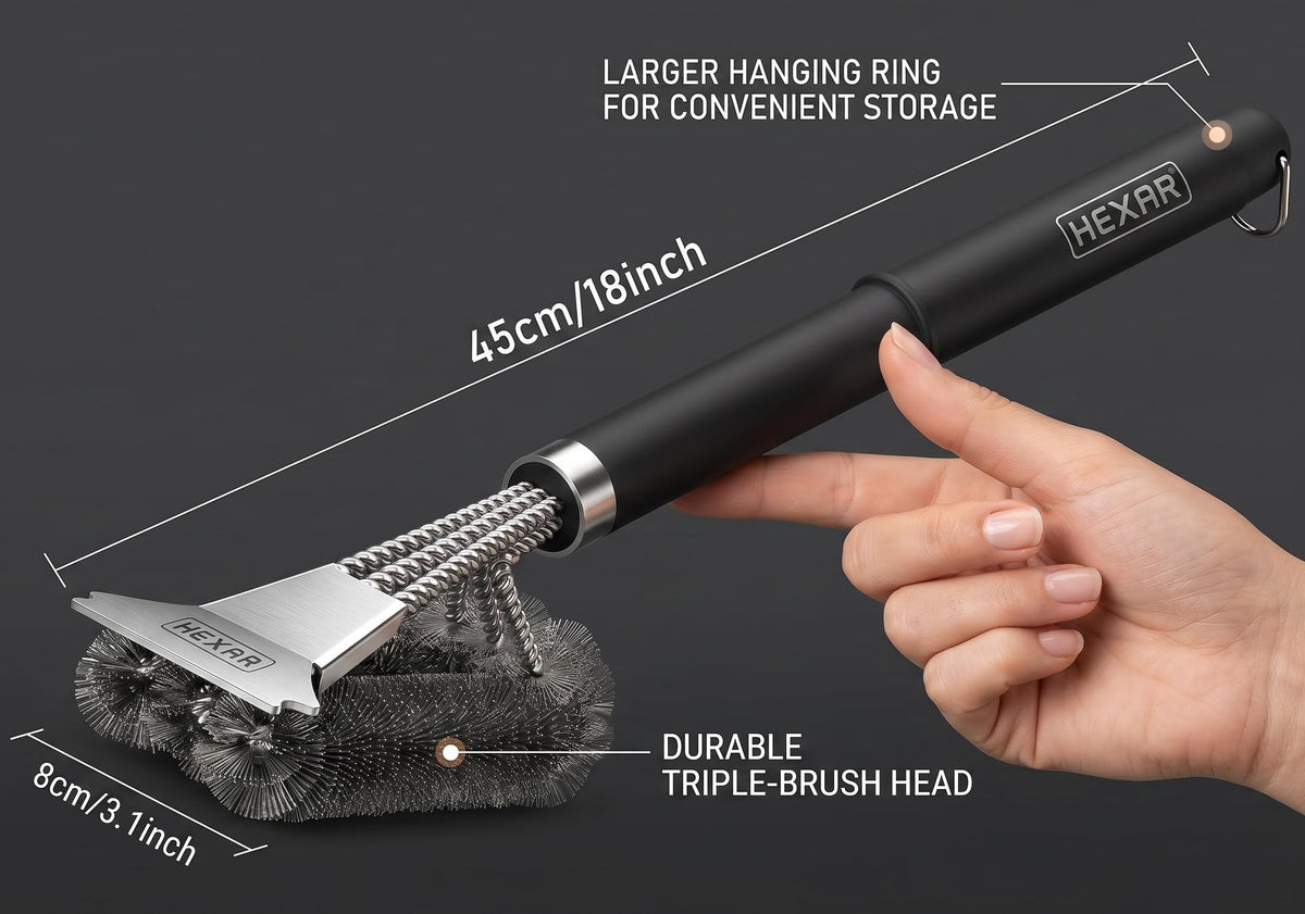 HEXAR Grill Brush in-use on an outdoor grill during post-cook cleanup