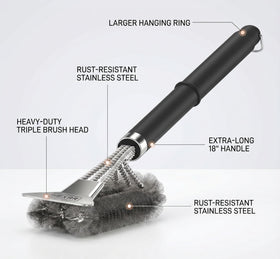 HEXAR Grill Brush scraper edge in use removing stubborn buildup on cast iron grates
