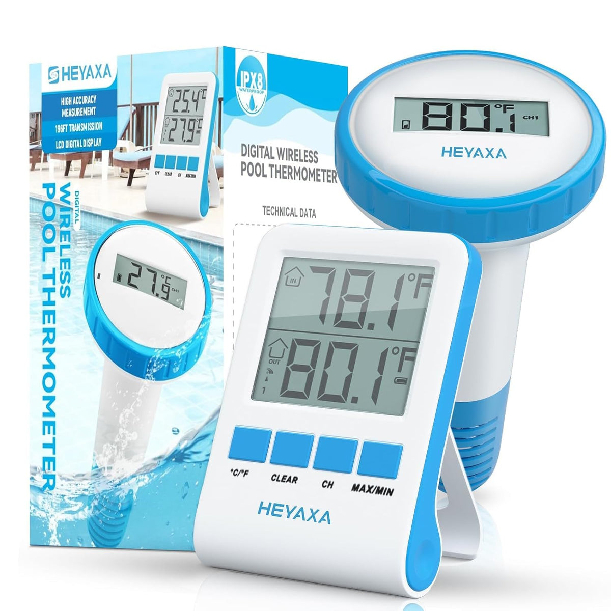 HEYAXA digital pool thermometer display shows clear temperature readings for easy monitoring.