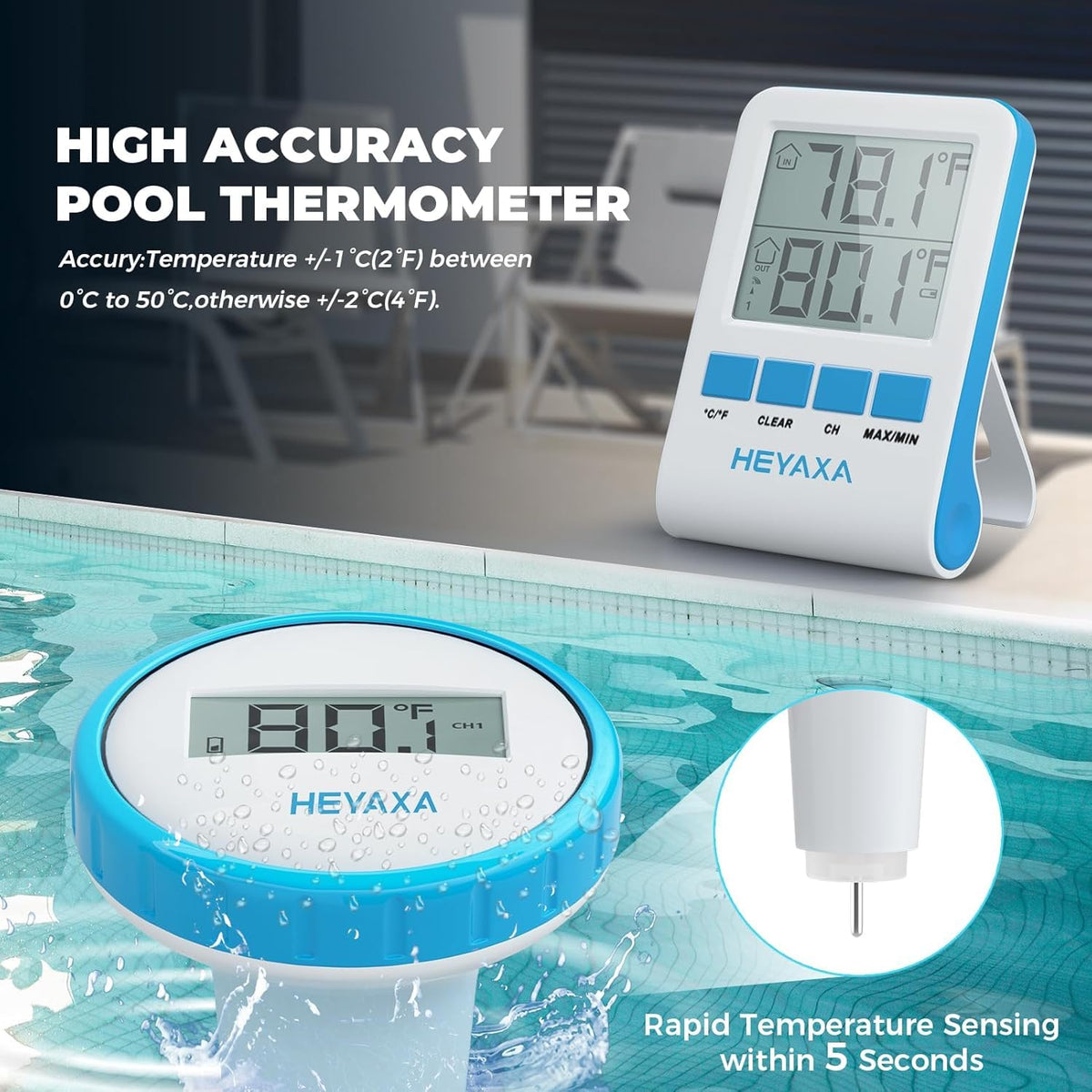 HEYAXA IPX8 waterproof housing protects the thermometer in wet conditions.