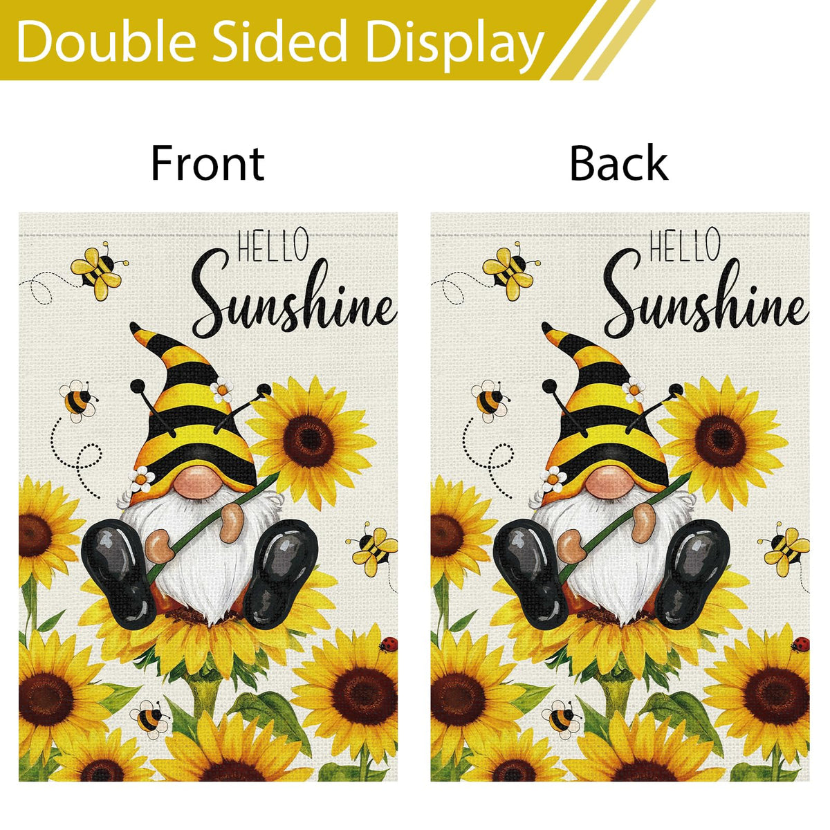 Heyfibro bee gnome on sunflower flag adding whimsy to garden decor