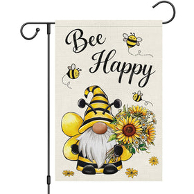 Heyfibro Bee Happy Gnome Flag front view featuring sunflowers and cheerful bees for outdoor decor.