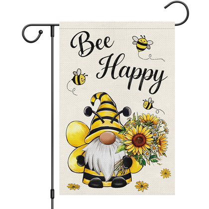 Heyfibro Bee Happy Gnome Flag front view featuring sunflowers and cheerful bees for outdoor decor.