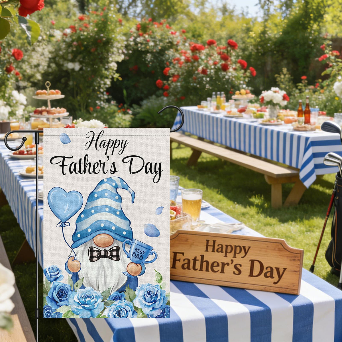Heyfibro blue rose gnome garden flag for eye-catching yard display.