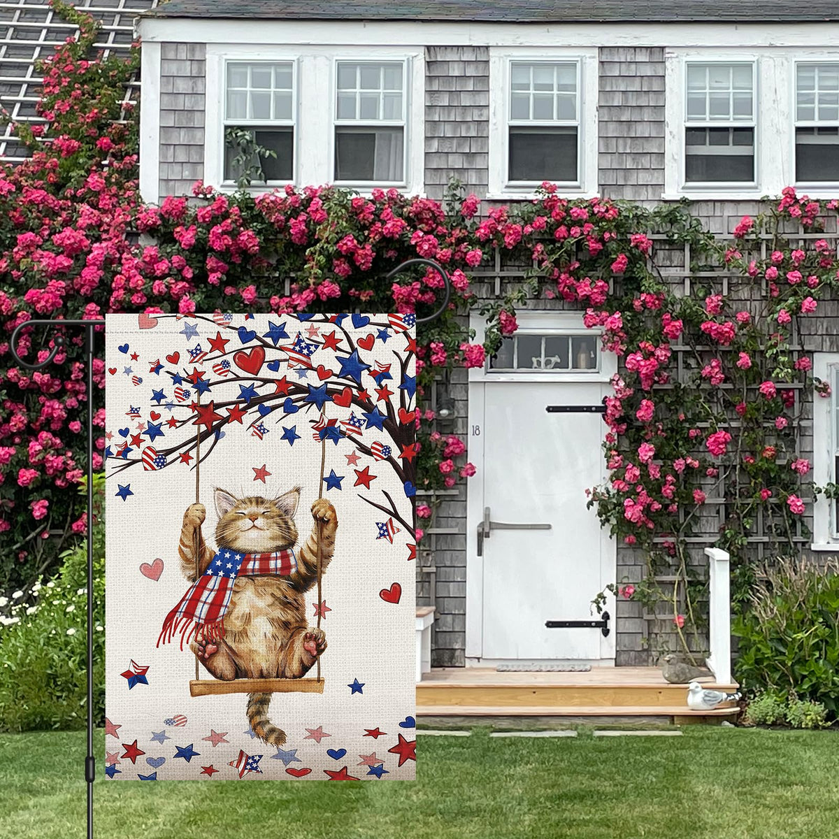 Heyfibro double-sided garden flag print visible from both sides.