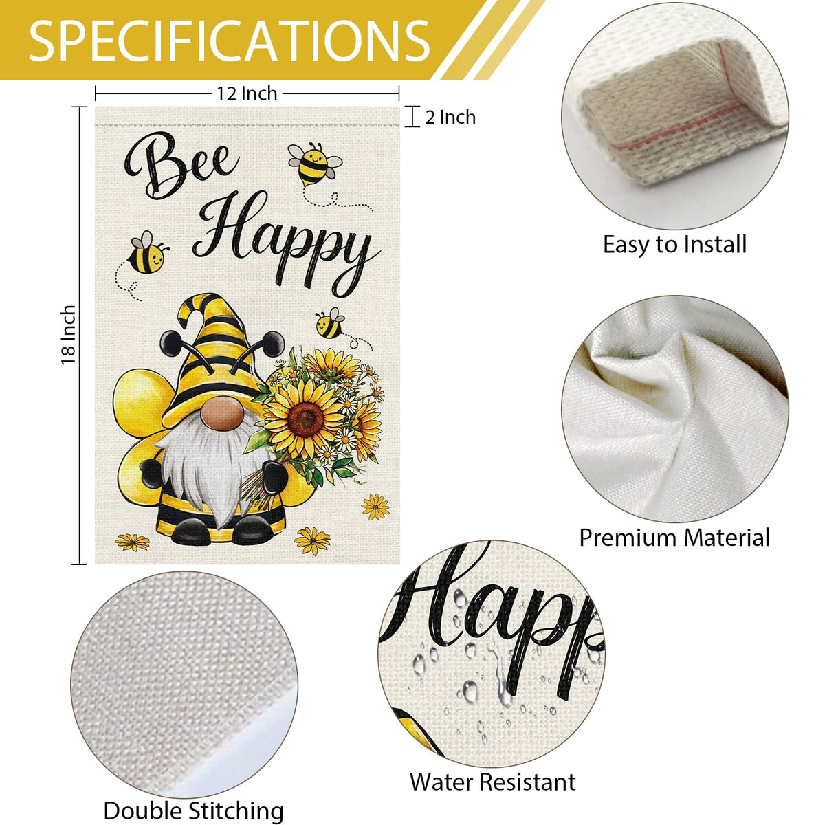 Heyfibro Bee Happy Gnome Flag double-sided print, text readable from both sides.