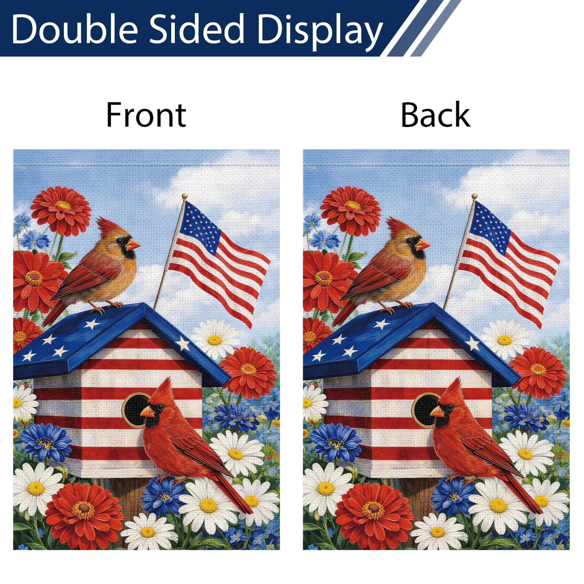 Heyfibro double-sided flag print, clear view from both sides.