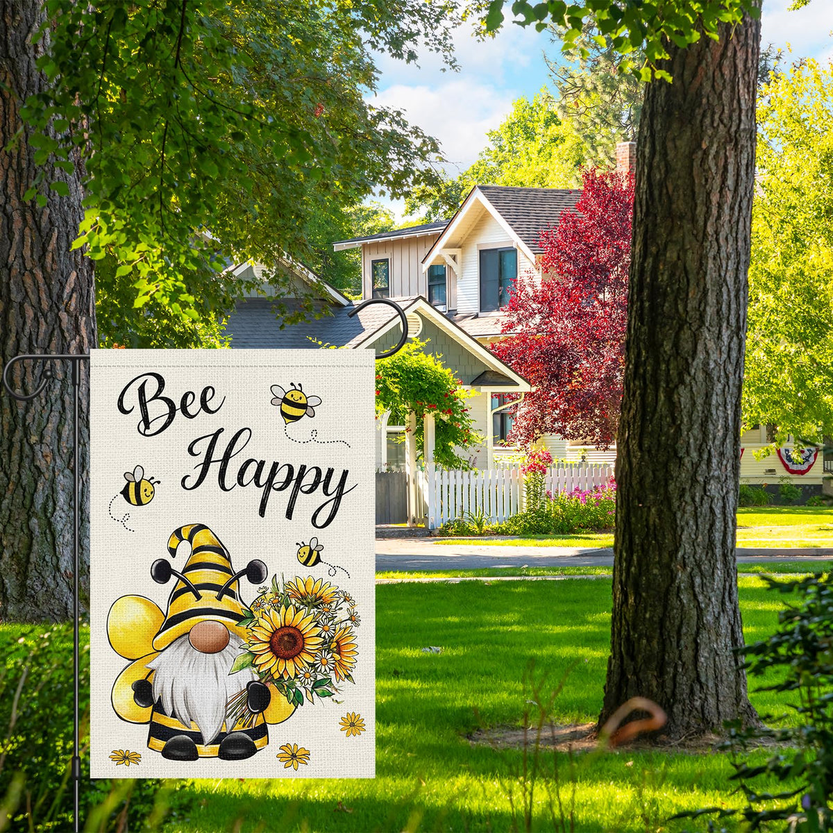 Heyfibro Bee Happy Gnome Flag 12x18 garden flag size fits standard flagpoles.