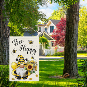 Heyfibro Bee Happy Gnome Flag 12x18 garden flag size fits standard flagpoles.
