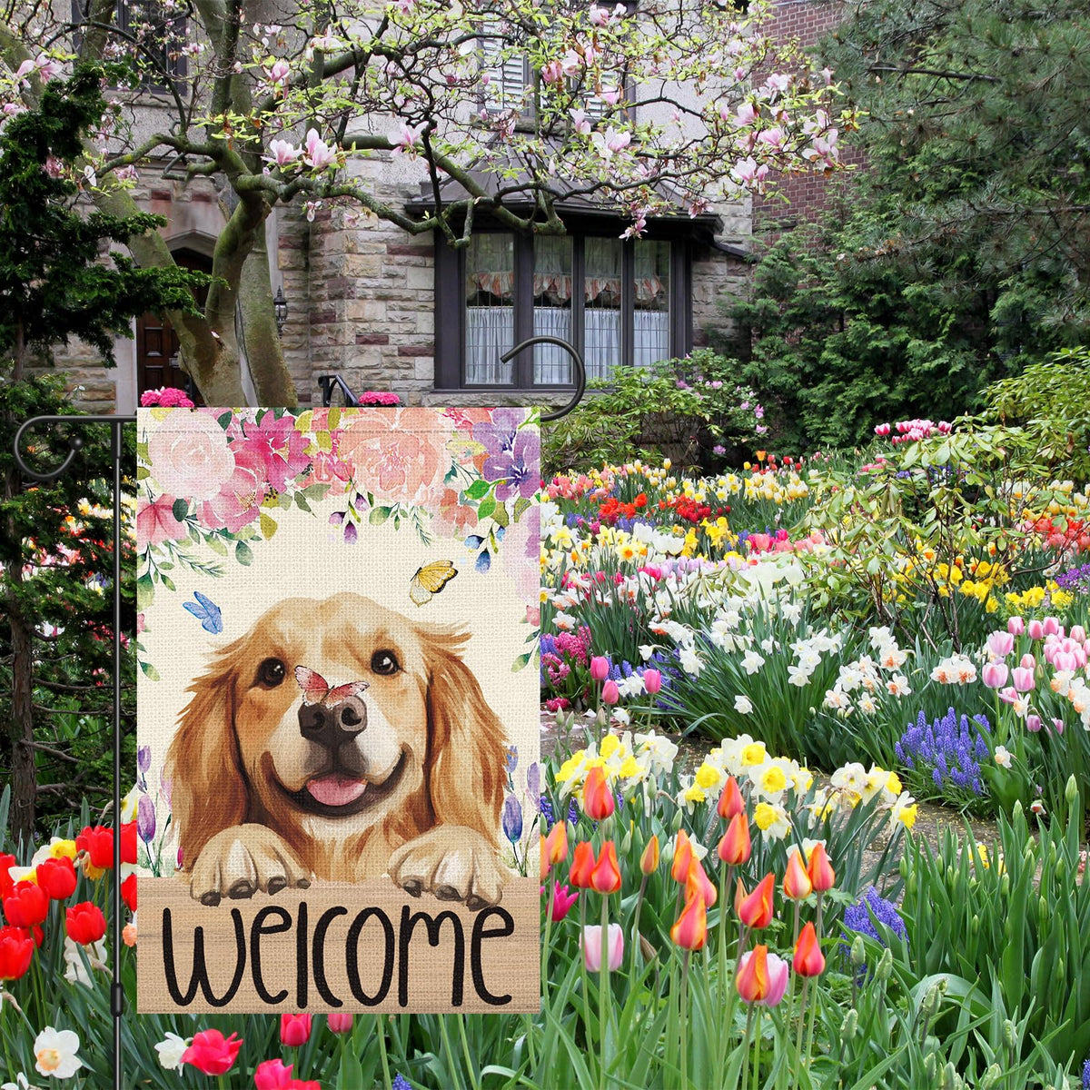 Heyfibro flower and butterfly garden flag, double-sided printing for visible decor from any angle.