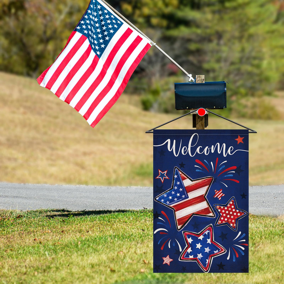 Heyfibro garden flag on porch creates welcoming seasonal ambiance.