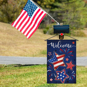 Heyfibro garden flag on porch creates welcoming seasonal ambiance.