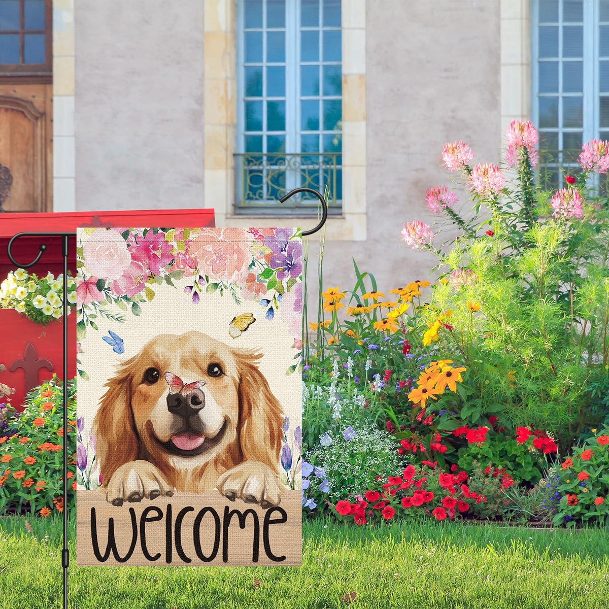 Heyfibro golden retriever garden flag showcases charming dog motif for welcoming outdoor spaces.