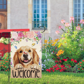 Heyfibro golden retriever garden flag showcases charming dog motif for welcoming outdoor spaces.